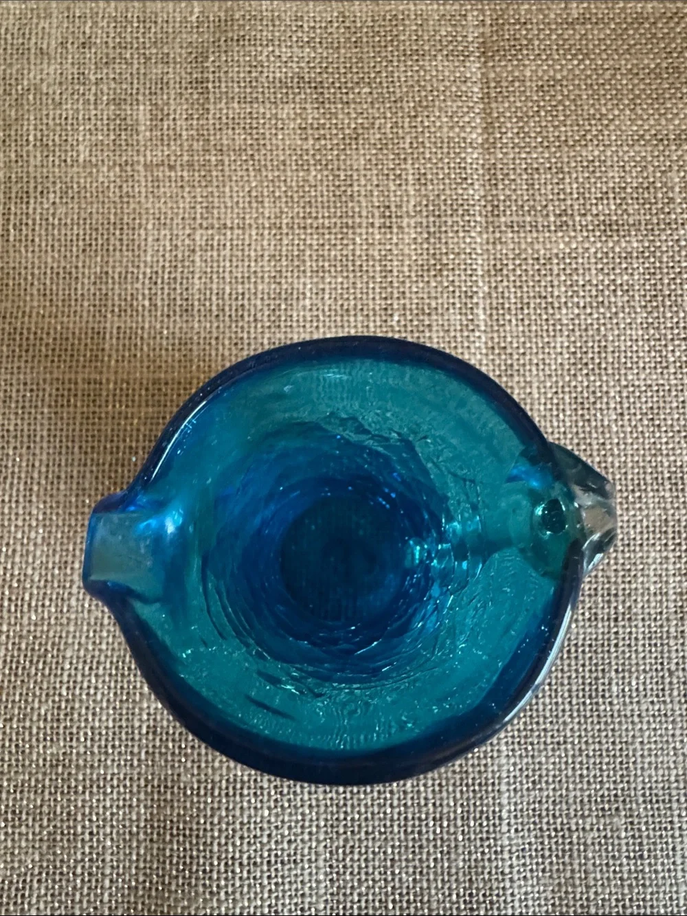 Hand Blown Blue Crackle Glass Pitcher Vase Clear Applied Handle 4”